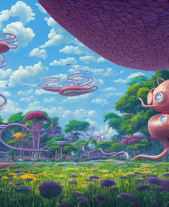 Image similar to simplicity, elegance, an amusement park made out of bizarre organic creatures, in the style of a streamlined asymmetrical spaceship, overgrown with flowers, partly cloudy, sun - drenched, by dan mumford, yusuke murata, makoto shinkai, ross tran, cinematic, unreal engine, cel shaded, featured on artstation, pixiv