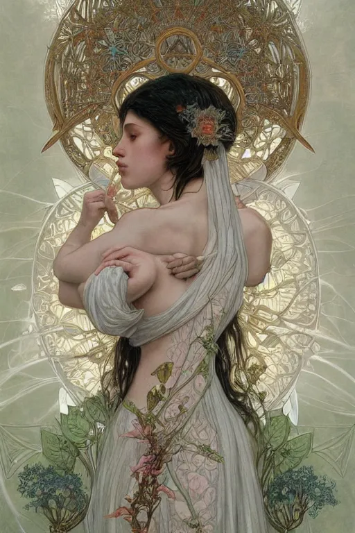 Prompt: a full body portrait of a beautiful ethereal delicate botanical mage queen meditative sacral pose catholic stages of the cross, intricate, elegant, highly detailed, digital painting, artstation, concept art, smooth, sharp focus, illustration, art by krenz cushart and artem demura and alphonse mucha