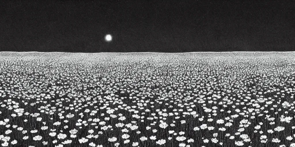 Image similar to A serene flower field at night by Kentaro Miura, highly detailed, black and white