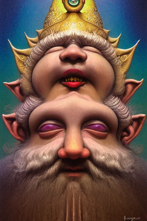 Prompt: joyous gnome face, reaching nirvana, goofy, silly, dmt, large metal mustache, muted colors, benevolent, nebula background, glowing eyes, detailed realistic surreal retro gnome in full regal attire. face portrait. art nouveau, visionary, baroque, giant fractal details. vertical symmetry by zdzisław beksinski, highly detailed, realistic