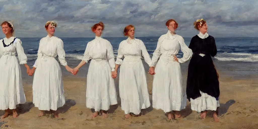 Image similar to five young edwardian women wearing white dresses on a beach in Sweden, two of them are holding hands, in the style of Anders Zorn