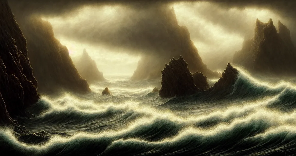 Prompt: epic professional digital art of startling hungry seascape coastline, faint golden moody atmospheric lighting, painted, intricate, detailed, detailed, foreboding, by leesha hannigan, wayne haag, reyna rochin, ignacio fernandez rios, mark ryden, iris van herpen,, epic, stunning, gorgeous, much wow, cinematic, masterpiece.