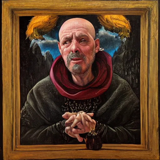 Image similar to Oil portrait of a magical evil cleric, renaissance style, by Stephen Youll