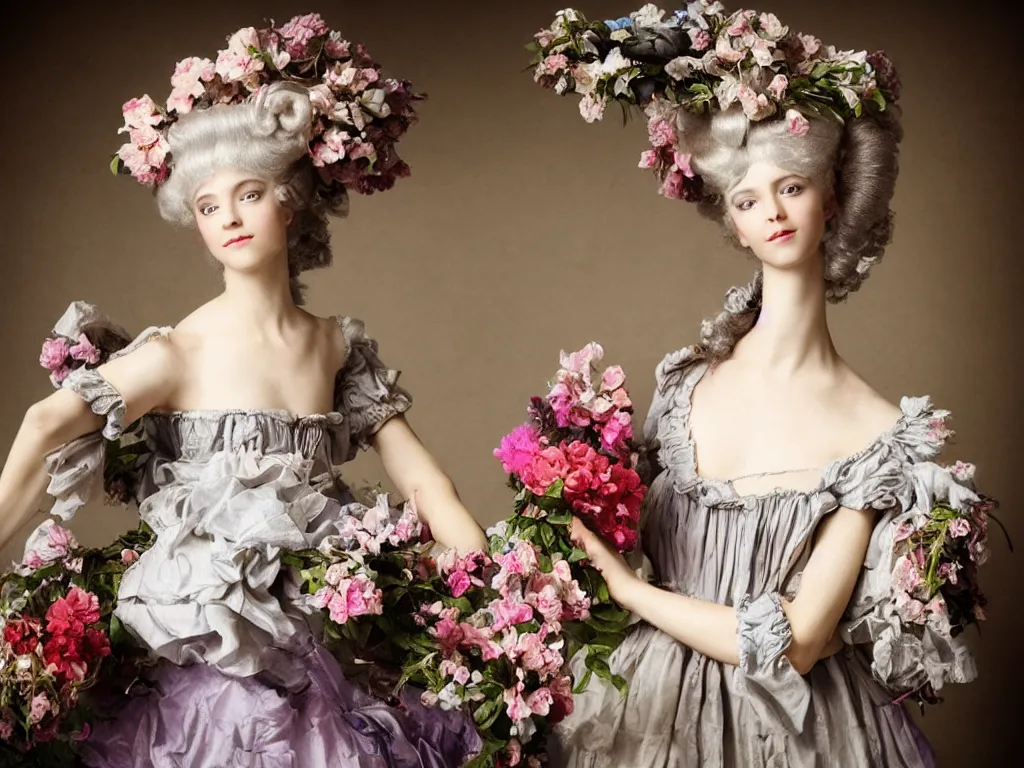 Prompt: robotic mechanic parts marie antoinette beautiful young woman with baroque wig with flowers