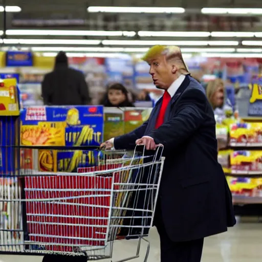 Image similar to photograph of zombie donald trump shopping at walmart in the bronx, movie still, 4 k