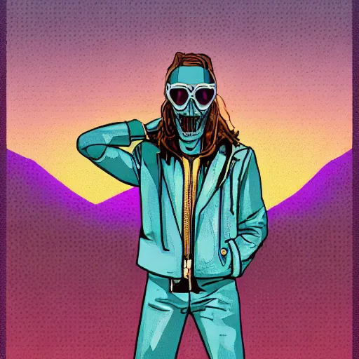 Image similar to portrait of skeletor with light blue shutter shades in front of a sunset, a dark purple leather jacket, vector art by jan tengnagel, pixabay contest winner, retrofuturism, retrowave, synthwave, outrun