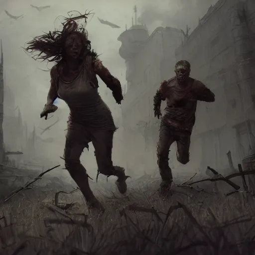 Image similar to epic portrait Two survivors running away from a zombie chase, apocalypic backround, atmospheric, digital painting, artstation, concept art, soft light, hdri, smooth, sharp focus, illustration, fantasy, intricate, elegant, highly detailed, D&D, matte painting, in the style of Greg Rutkowski and Alphonse Mucha and artemisia, 8k, highly detailed, jurgens, rutkowski, bouguereau, pastoral, rustic, georgic