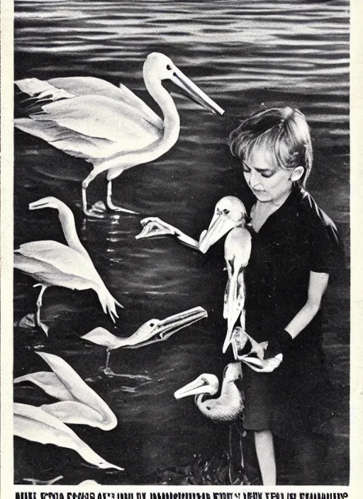 Image similar to vintage pharamaceutical magazine advertisement depicting charles manson feeding pelicans to children