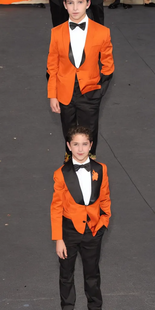 Image similar to 'young Shia LaBeouf wearing a frosty orange cross-cross weaved bamboo royal tuxedo'