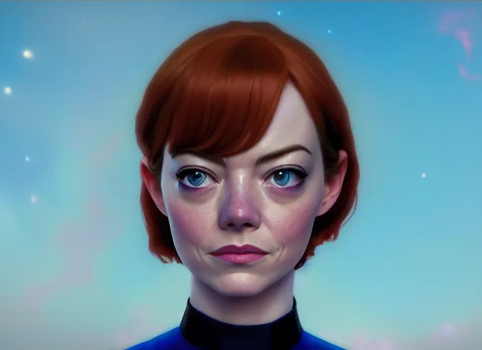 Image similar to a disney film still of emma stone as a star trek officer, finely detailed features, closeup of the face, perfect art, dusk, blue hour, gapmoe yandere grimdark, trending on pixiv fanbox, painted by greg rutkowski, makoto shinkai, takashi takeuchi, alphonse mucha, akihiko yoshida