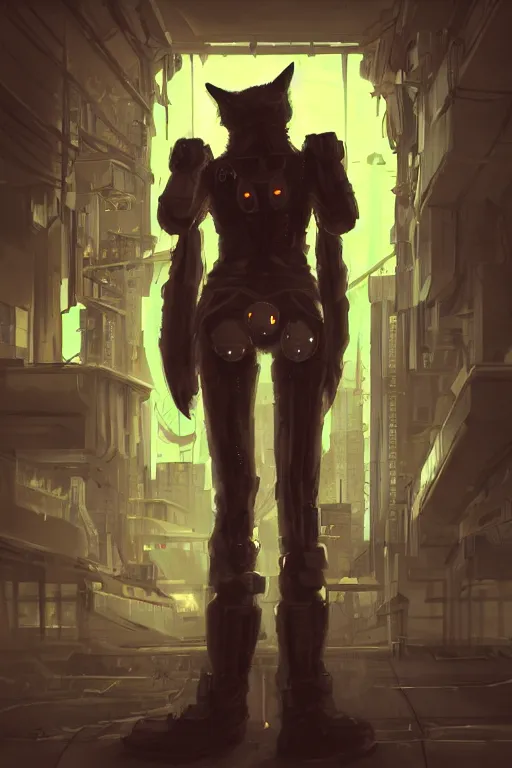 Image similar to an anthropomorphic cyberpunk fox, backlighting, trending on artstation, digital art, furry art, trending on furaffinity, fantasy art, by kawacy, view from behind