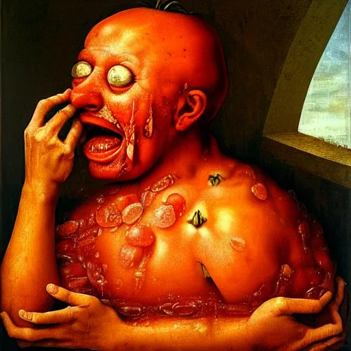 Image similar to a chef sitting in a bathtub full of tomato sauce, looking straight into camera, screaming in pain, by giuseppe arcimboldo and ambrosius benson, renaissance, fruit, intricate and intense oil paint, a touch of beksinski, realistic