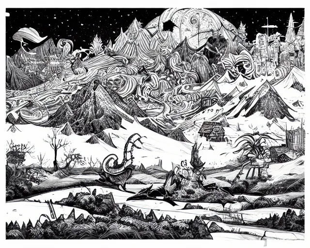 Prompt: impressive fantasy landscape, beautiful line art, ink illustration, pure b&w, engraving illustration, sticker art