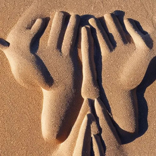 Image similar to a pair of hands holding a face made of sand