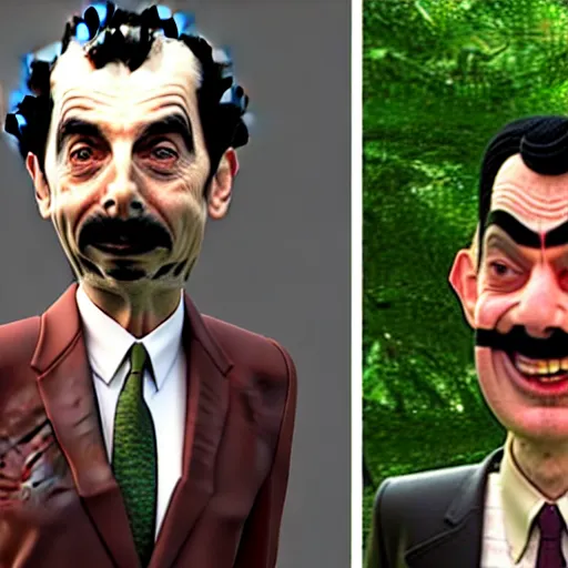 Image similar to borat meets mr bean, ultra realistic, realistic faces