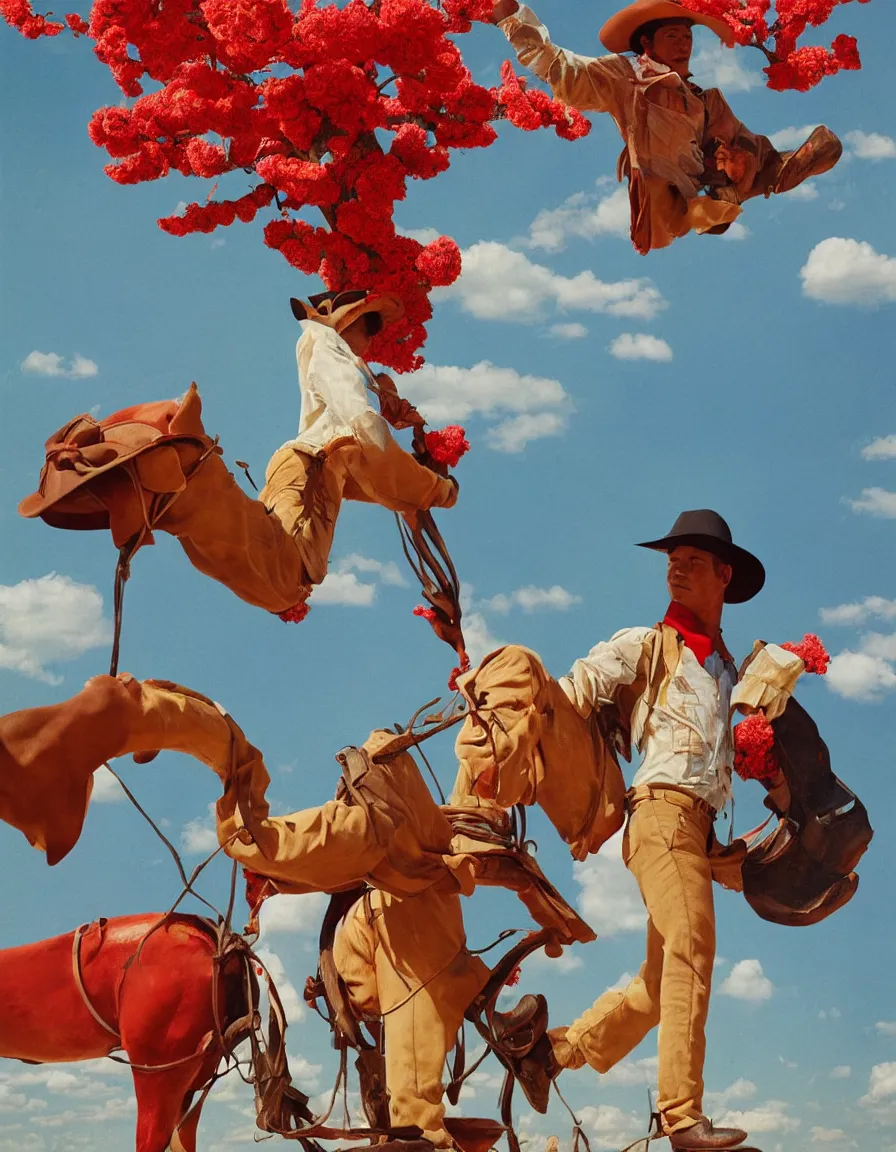 Prompt: a cowboy turning into blooms by slim aarons, by zhang kechun, by lynda benglis. tropical sea slugs, angular sharp tractor tires. complementary colors. warm soft volumetric light. national geographic. 8 k, rendered in octane, smooth gradients. manly cowboy riding by edward hopper. red accents.