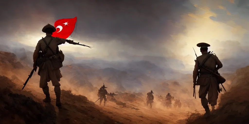 Image similar to a soldier is carrying the turkish flag on a gallipoli campaign, battlefield 1, extremely detailed digital painting, in the style of fenghua zhong and ruan jia and jeremy lipking and peter mohrbacher, mystical colors, rim light, beautiful lighting, 8 k, stunning scene, raytracing, octane, trending on artstation