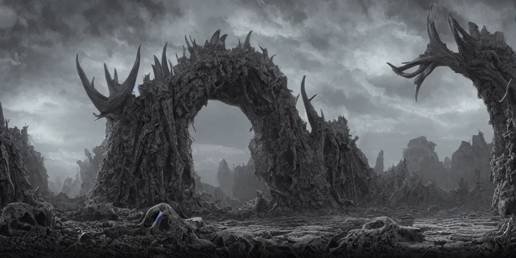 Prompt: a highly detailed matte painting of a crumbling stone arch covered with dark gray thorny antler roots that look made of bone, ominous, foreboding, dark, trending on artstation,