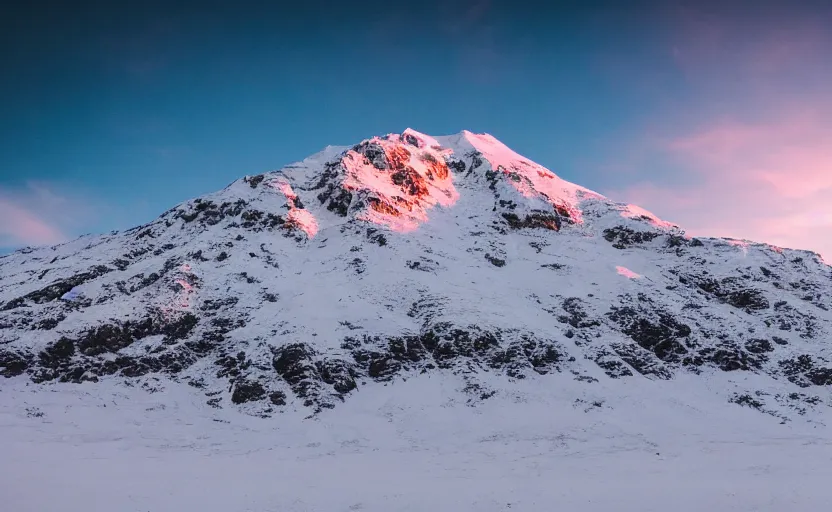 Prompt: professional photo of a snow topped mountain lit by the sunset