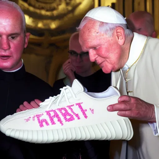 Image similar to john paul ii admiring a yeezy foam runner sneaker in his hands