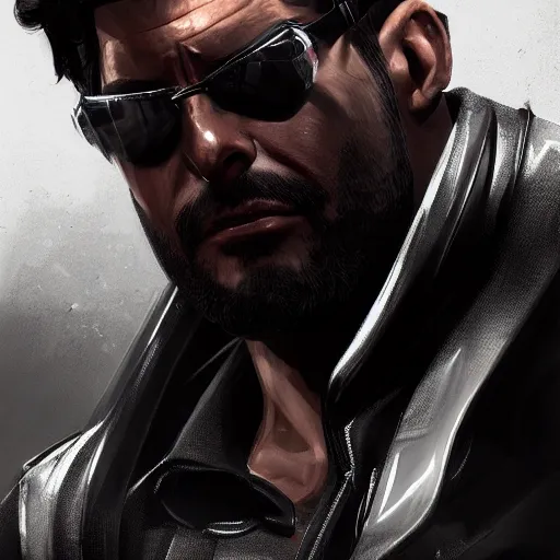 Image similar to Adam Jensen from Deus Ex as a GTA character, by Cedric Peyravernay, highly detailed, hyperrealism, excellent composition, cinematic concept art, dramatic lighting, trending on ArtStation