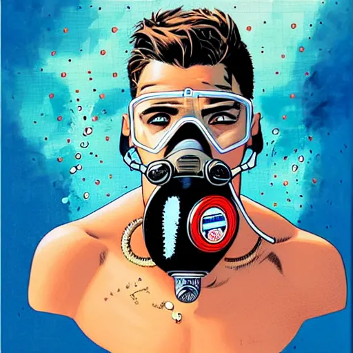 Image similar to portrait of a male diver with a oxygen mask intricate details mask by MARVEL comics and Sandra Chevrier