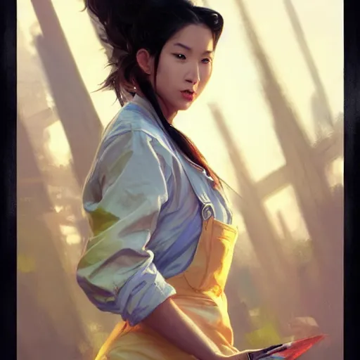 Image similar to a fierce yet beautiful Asian woman wearing overalls, highly detailed, digital painting, artstation, concept art, sharp focus, illustration, cinematic lighting, art by artgerm and greg rutkowski and alphonse mucha