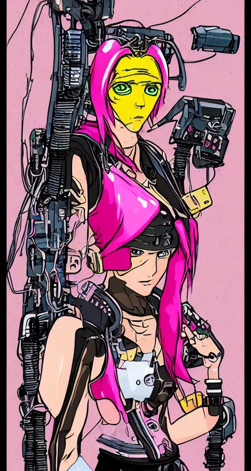 Prompt: portrait of a female cyborg cyberpunk gutterpunk, yellow and pink, in the style of manga