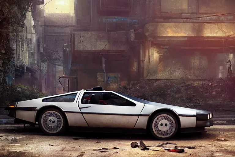 Image similar to highly detailed photograph of a delorean parked on the streets of a cyberpunk abandoned city, doors are open, by greg rutkowski and stanley artgerm and alphonse mucha, octane, sharp focus, hyperrealistic, masterpiece