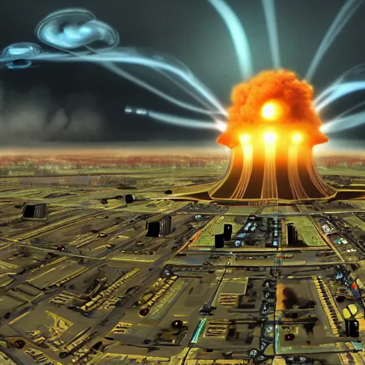 Image similar to Artificial superintelligences watching nuclear war for fun, ultra advanced robots, mushroom clouds, grandstands filled with AI constructs, nuclear explosion in the distance