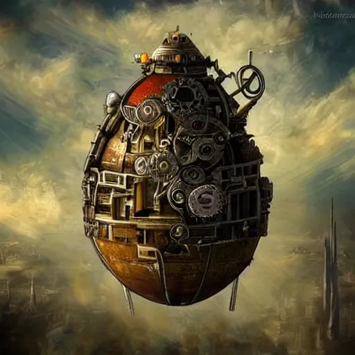 Prompt: flying city in a mechanical egg, sky, steampunk!!!, fantasy art, steampunk, masterpiece, unreal