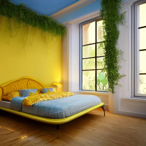 Image similar to a yellow moon shaped bed in a blue room, with plants in the windows of the room, 8 k, trending on artstation, hdr