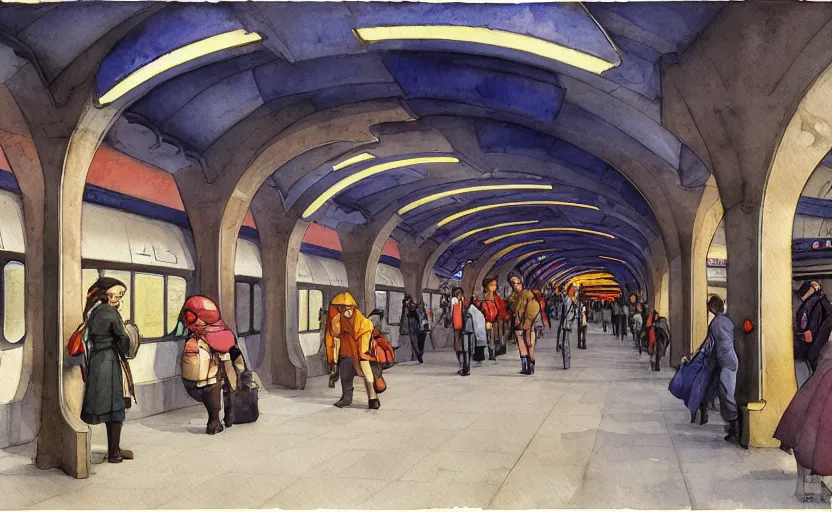 Prompt: subway station, colorful watercolor. by rembrant, battle angel alita, ralph mcquarrie, aluminum, 1 6 6 7