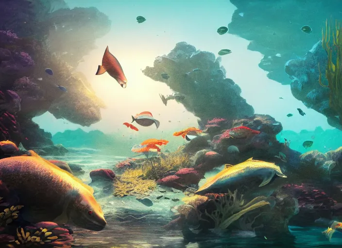 Image similar to confluence of aquatic wild life. magical, epic, particles, compute shader, underwater, fantasy, painting, detailed, paid artwork, portfolio, epic lighting