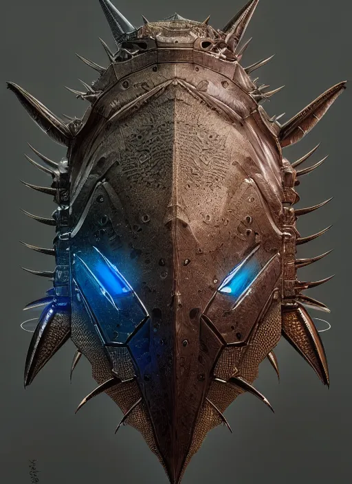 Image similar to anthropomorphic trianglar prism head in edgy darkiron horseshoe crab, intricate, elegant, highly detailed animal monster, digital painting, artstation, concept art, smooth, sharp focus, illustration, art by artgerm, wayne barlowe, trending on artstation and greg rutkowski and alphonse mucha, 8 k