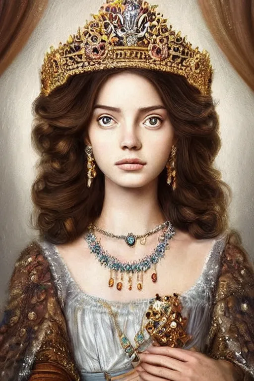 Prompt: beautiful very detailed portrait of a young princess with lots of jewelry in the face, full body, in the background there is a minimalistic palace, digital art , dramatic cinematic lighting rendered by octane, 8k, detailed, intricate, clean and textures, trending on artstation, treanding on deviantart, trending on cgsociety, pinterest, by Lauren Brevner + KEHINDE WILEY