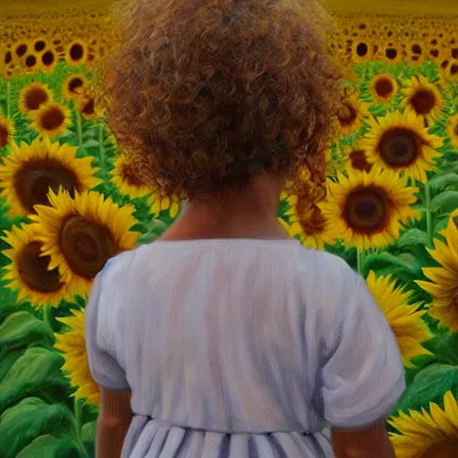 Image similar to a babe 3 years old slowly walking through amazing tall sunflower field, her blond curly hair flowing down, subtle, intricate details, real masterpiece, oil on canvas, by somsak anong