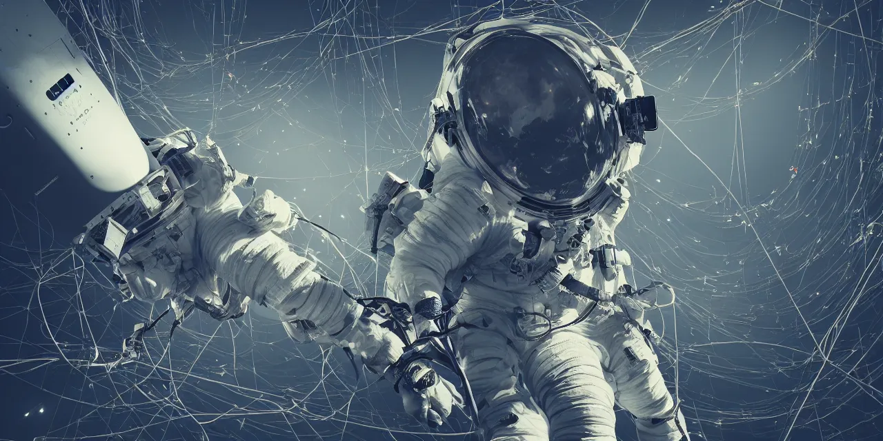 Prompt: astronaut entangled by a lot of cables, connected to a supercomputer designed by Dieter Rams, cinematic lighting, haze, moonlight, strong shadows, octane render, lens flare