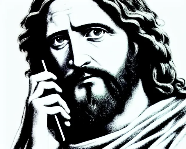 Prompt: the portrait of jesus christ talking on old phone, an ultrafine hyperdetailed illustration by kim jung gi, irakli nadar, detailed faces, intricate linework, bright colors, unreal engine 5 highly rendered - h 6 4 0