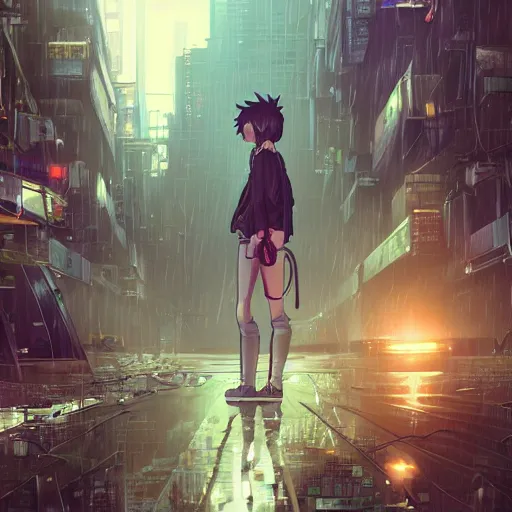 Prompt: android mechanical cyborg girl in overcrowded urban dystopia raining makoto shinkai wide angle