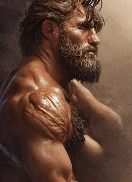 Prompt: portrait of a ruggedly handsome ranger, hands details, muscular, half body, leather, hairy, d & d, fantasy, intricate, elegant, highly detailed, digital painting, artstation, concept art, smooth, sharp focus, illustration, art by artgerm and greg rutkowski and alphonse mucha