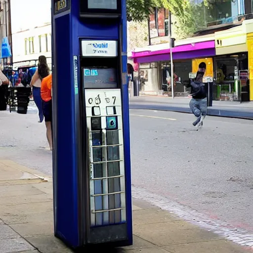 Prompt: man kicked in the head by a bare foot with toes coming through the handset of a pay phone