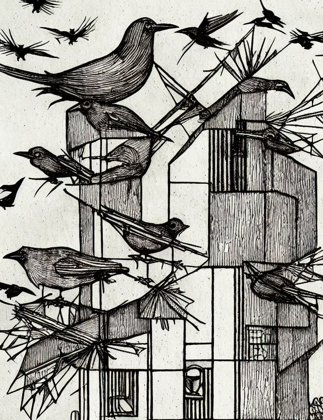 Image similar to detailed illustration of a frank lloyd wright inspired birdhouse, in the style of albrecht durer, with crows, intricate, moody, on paper