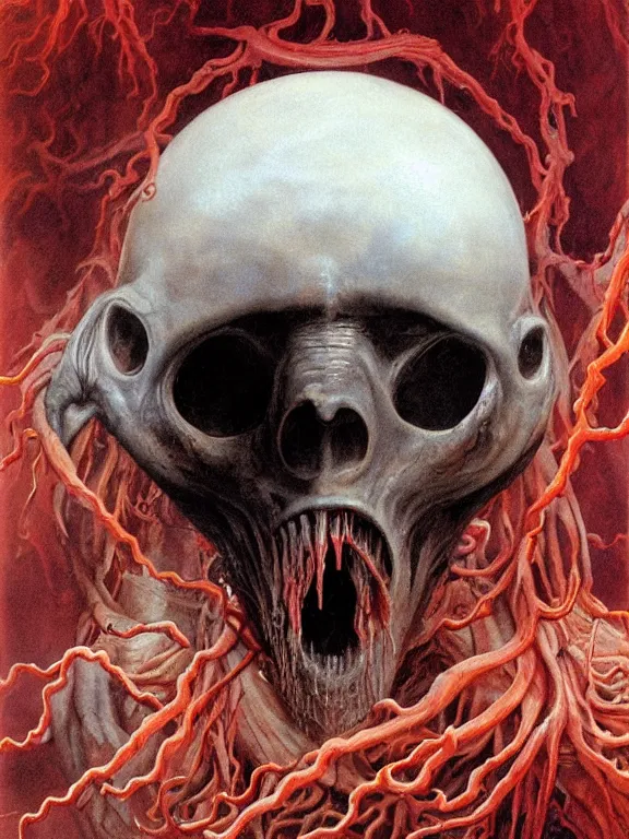 Image similar to painting by wayne barlowe of a flying sorrowful looking severed human head with tears running down it's eyes, face that is chalk white in color, with long sprawling white tentacles stemming down it's neck, fiery scorching red eyes, flying in a terrying hellish dark cavernous place