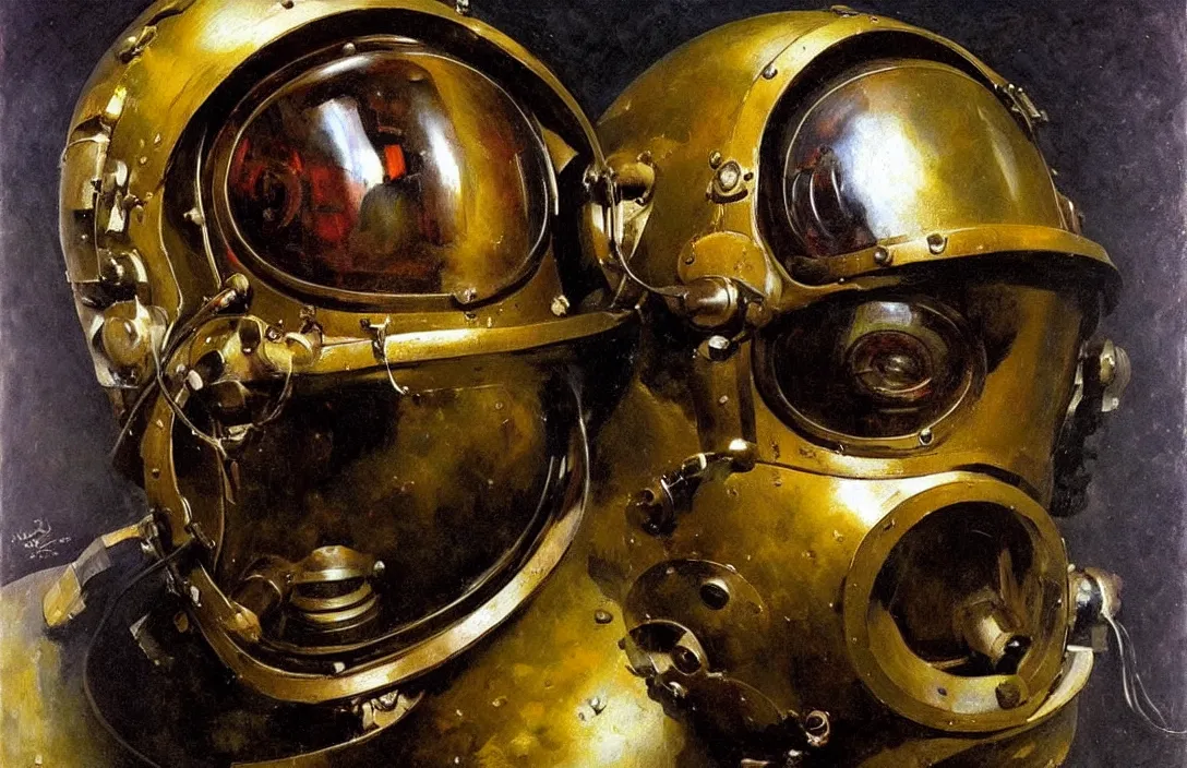 Image similar to portrait of deep sea diver helmet!!!!!!!!!!!!!!!!!!!!!!!!!!!, detailed face, detailed painting, epic lighting, by ilya repin, phil hale and kent williams