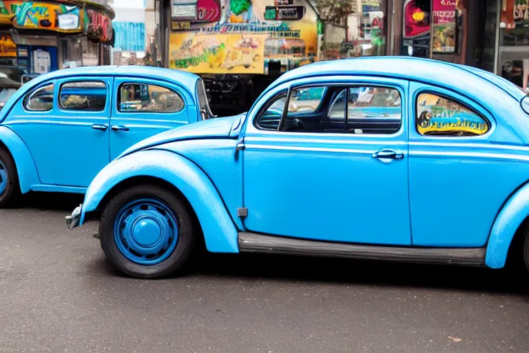 Image similar to a blue beetle car, with burgers for wheel rims