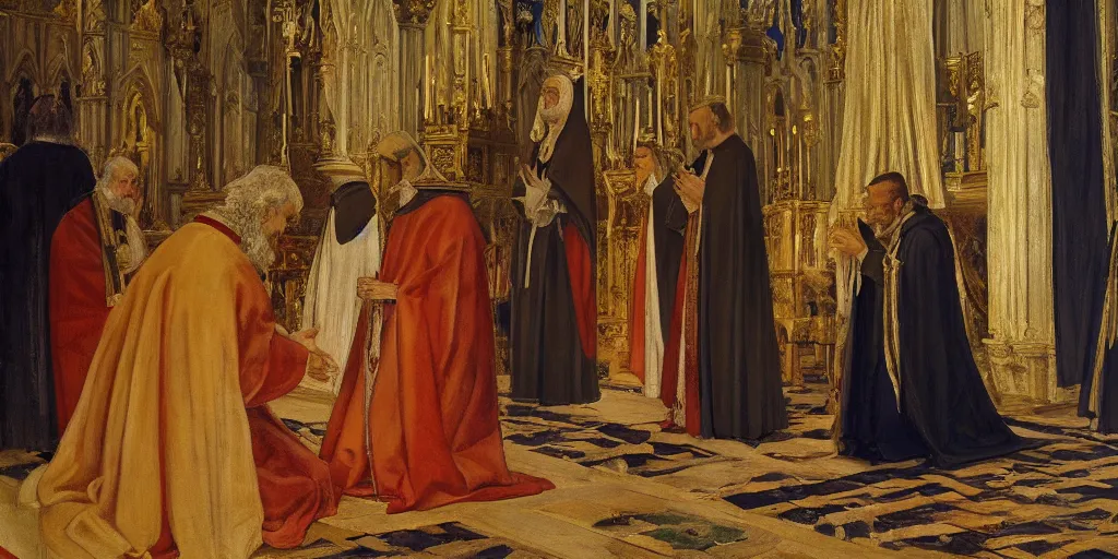 Prompt: photo of a medieval king kneeling before the pope, in a church. medium shot. but as a painting by sorolla