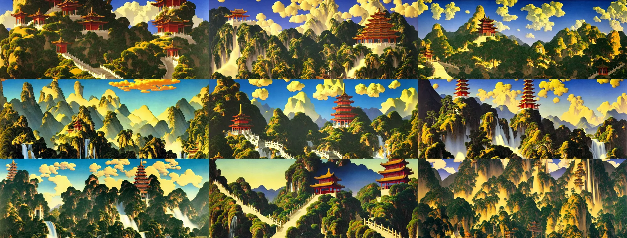 Prompt: a gorgeous painting by maxfield parrish. chinese hanging temple. yungang buddh. the winding steps. stone bridge. clouds in the wind!! ultra clear detailed. 3 d, octane render. water fall farom the mountain.