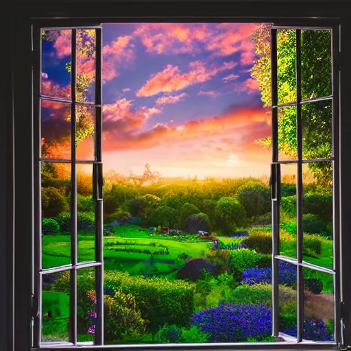 Image similar to Window View of Heavenly Beautiful Scenery with iridescent towers castles of light Highly detailed Trees Gardens flowers in bloom birds clouds sunset holographic metallic prismatic reflections metallic hummingbirds Depth of field HDR 8K