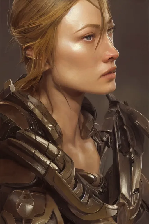 Image similar to a professional painting of a young Olivia Wilde, clothes in military armor, olive skin, long dark hair, beautiful bone structure, symmetrical facial features, intricate, elegant, digital painting, concept art, smooth, sharp focus, illustration, from StarCraft by Ruan Jia and Mandy Jurgens and Artgerm and William-Adolphe Bouguerea